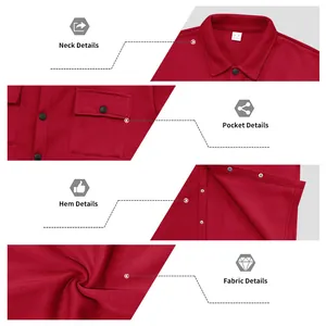 Détails en gros plan de la veste polaire rouge lourde avec col, poches et ourlet.