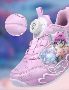 Detailed view of pink waterproof kids' sports shoes featuring cute cartoon character decor