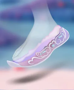 Detailed view of the side wing design with Love text on purple girl's sneakers
