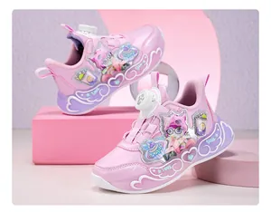 Detailed side view of stylish pink girls sports sneakers with cute cartoon patterns and lights