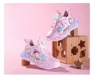 Pink girls light-up sneakers featuring cartoon stickers and rotary dial closure system