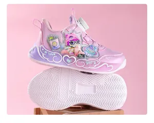 Stylish pink girls' sneakers featuring rotating buckle and cute 3D cartoon character details
