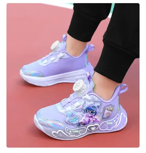 Detail of purple chunky sneakers for girls featuring cute cartoon characters and LED lights