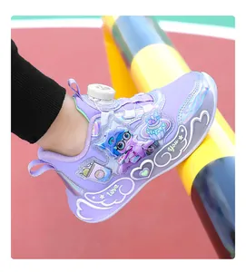 Detailed side view of purple girls sports shoes with LED lights and cute cartoons
