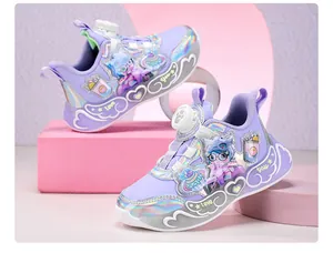 Close-up detail of purple girls sports shoes with iridescent trim and cute cartoon art