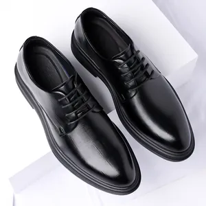 Men Business Formal Derby Leather Shoes Black Split Cow Leather Pointed Toe Platform Wedding Shoes For Groom Lace-up Office Footwear