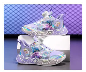 Detail view of purple girls' LED sneakers with rotating buckle and cute patches.