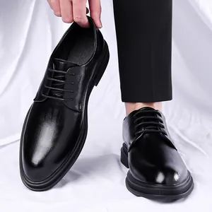Classic black glossy leather Derby shoes with thick sole for men's formal business wear