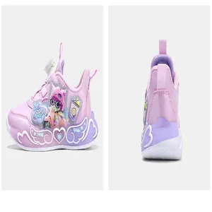 Detailed side and rear views of pink girl's sneakers with rotary buckle and LEDs