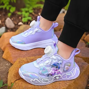 Girls LED Light Up Sneakers 2025 New Rotary Buckle Mesh Breathable Casual Sports Shoes Kids Fashion Cartoon Patch Dad Shoes