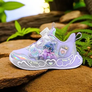 Purple girl's sports shoes with cool LED lights and cute cartoon pattern design