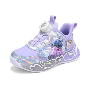 Fashionable purple girls LED sneakers with holographic panels and rotary dial lace