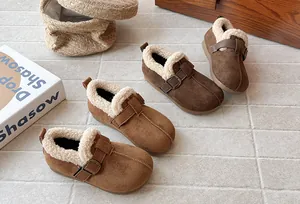 Detailed view of retro fleece-lined girls cotton shoes in brown and dark brown