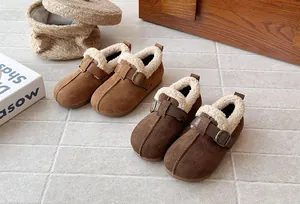 French vintage style fleece-lined children's clogs in brown and tan suede finish