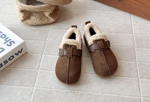 Vintage brown faux suede children's loafers with warm faux shearling lining and buckle