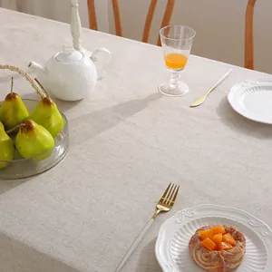 Elegant beige cotton linen tablecloth for rectangular dining table home decoration