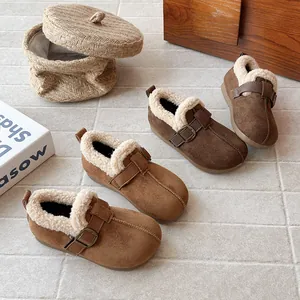 Vintage matte leather girls' winter slip-on shoes with warm fleece lining