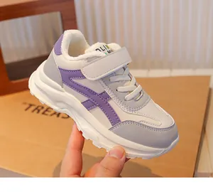 Warme fleece gevoerde paars-witte sneakers voor meisjes met zachte zool en klittenband