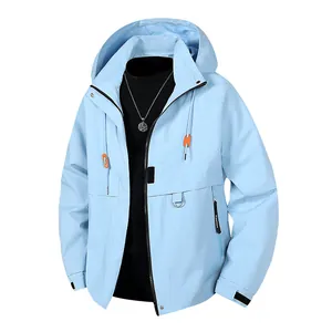 Light blue windproof cargo jacket with hood and waterproof fabric for men and women