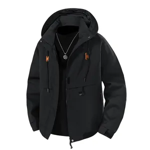 Classic black windproof and waterproof hooded work jacket for men with stylish detailing