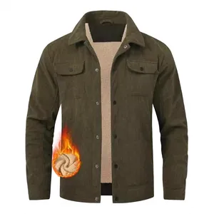 Veste Décontractée en Velours Côtelé pour Hommes Doublée Sherpa Thermique Boutonnage Simple Col Rabattu Vêtement d'Extérieur Hiver