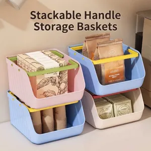 Dopamine Color Portable Stackable Storage Basket PET Plastic Large Opening Desktop Organizer Box For Snacks Stationery Cosmetics