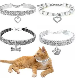 4Pcs Pet Collar Set For Dogs Cats Elastic Rhinestone Pearl Necklace With Heart Bone Paw Pendants Adjustable Puppy Kitten Jewelry