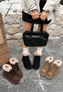 Detail view of retro platform snow boots with warm fur lining in multiple colors