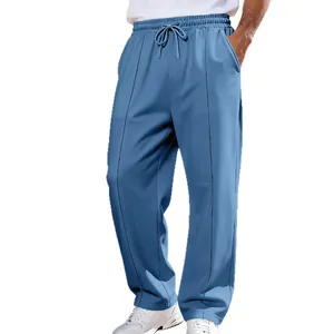 Men's loose knit straight-leg casual pants with drawstring waist in light blue color