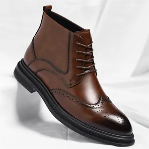 Men Brogue Wingtip Martin Boots Synthetic Leather Lace Up Mid Top Casual Shoes British Retro Business Fashion Boots For Men