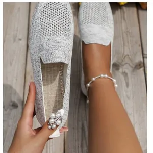 Women's Casual Knitted Flat Shoes Round Toe Shallow Mouth Breathable Mesh Slip-On Walking Sneakers Lightweight Plus Size Single Shoes