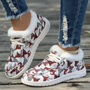Women's Christmas Gnome Print Winter Warm Cotton Shoes Faux Fur Collar Flat Casual Slip On Loafers Outdoor Comfort Shoes