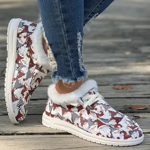Cozy Christmas gnome print loafers with warm faux fur lining and white sole detail