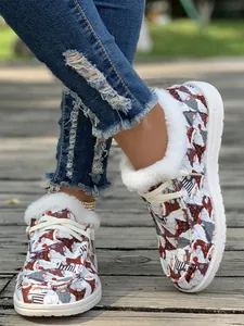 Detailed view of women's Christmas gnome print loafers with cozy faux fur lining