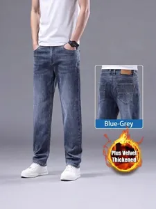 Men's winter fleece-lined straight fit jeans in blue-grey color, casual style design