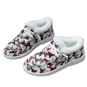 Warm women's winter plush loafers with festive gnome pattern and soft faux fur lining