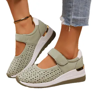 Breathable hollow-out wedge sneakers with velcro straps for women in sage green