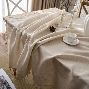 European minimalist cotton linen tablecloth with elegant tassel edges for home dining