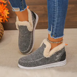 Détail de bottes de neige grises doublées de polaire avec col en fausse fourrure