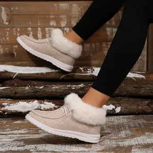 Warme beige Baumwollschuhe mit weißem Kunstfellbesatz und Schnürung für Damen