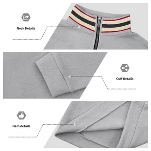 Close-up details of grey fleece half-zip sweatshirt showing striped collar, ribbed cuffs and hem.