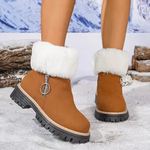 Detailed view of women's brown winter snow boots with plush white faux fur collar