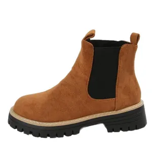 Stylish brown suede mid-top Chelsea boots with thick lug sole and round toe for women