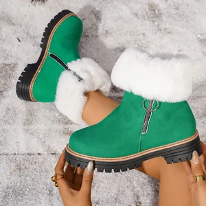 Detailed view of vibrant green winter snow boots featuring white faux fur and side zipper