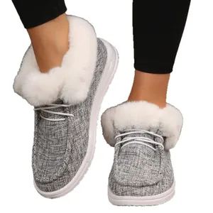 Bequeme graue Damen-Loafer mit weichem weißem Kunstpelzbesatz und Schnürung für den Alltag