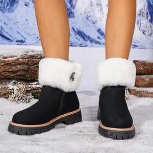 Close-up of winter platform snow boots with white faux fur cuff and side zipper