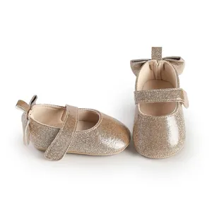 Sparkling gold glitter baby girl Mary Jane shoes with bow detail for 3-12 months