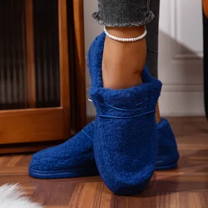 Cobalt blue winter warm plush slippers for women with soft fur lining and flat sole