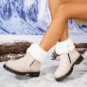 Detailed side view of beige platform snow boots with white faux fur and zipper.