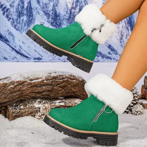Close-up of vibrant green suede snow boots with white faux fur trim and chunky platform sole